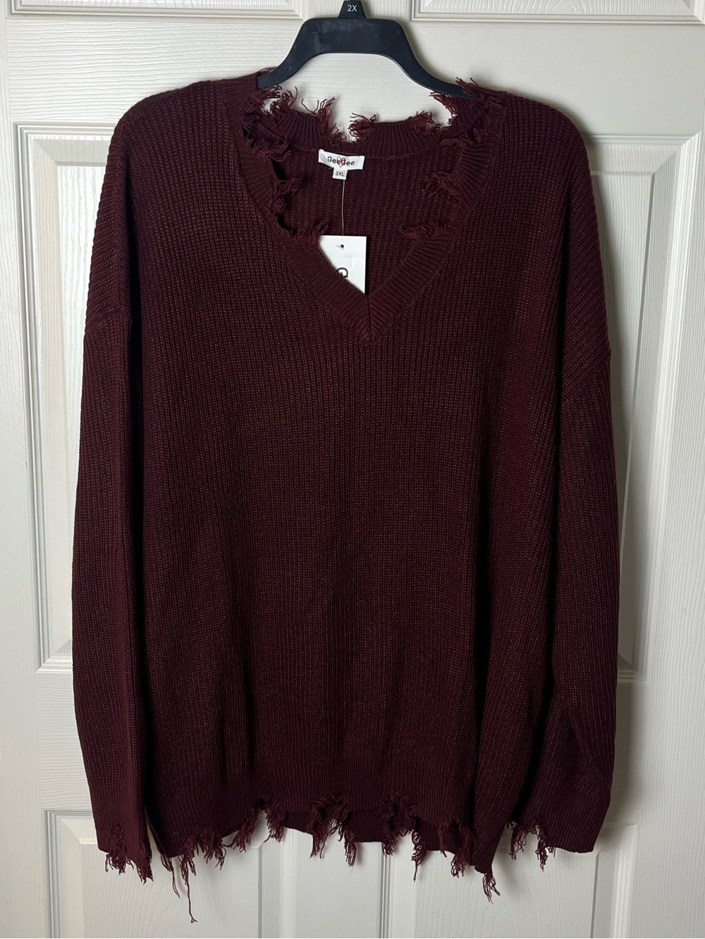 Maroon Distressed V-Neck Sweater